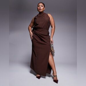 ASOS Curve High Neck Draped Wrap Maxi Dress NWT Dark Chocolate Size 14